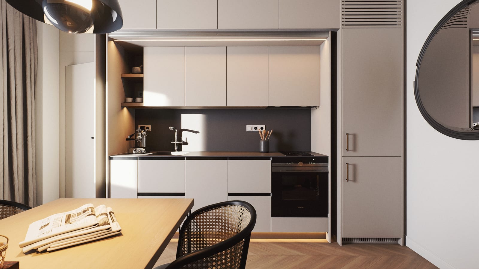 Detail skryté kuchyňské linky se spotřebiči, Wrocław